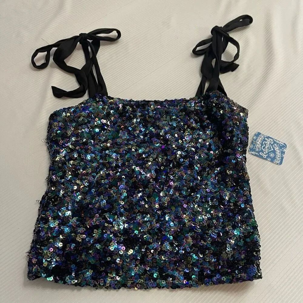 NWT Free People Intimately Hey Girl Tie Strap Sequin Cami Top in Night Sz Small
